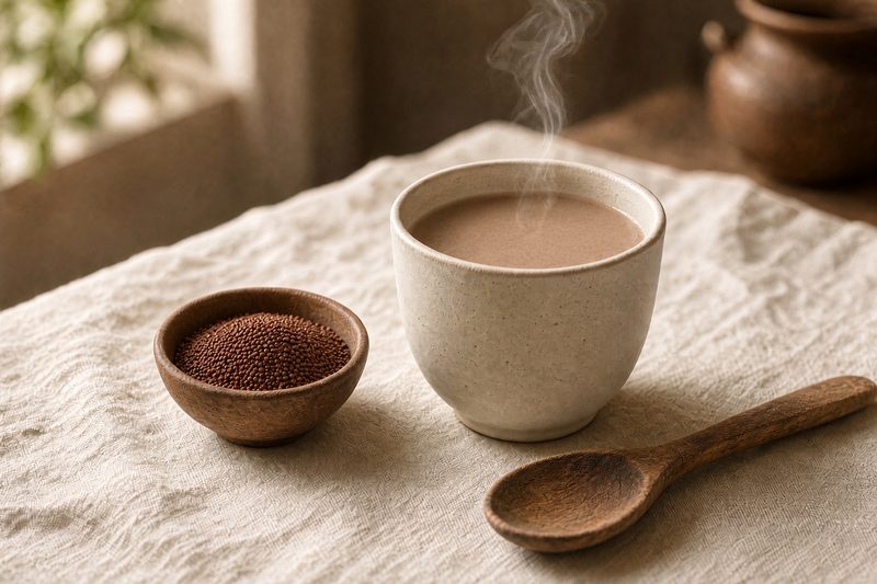 A ceramic cup, ragi grain, and linen on a morning table